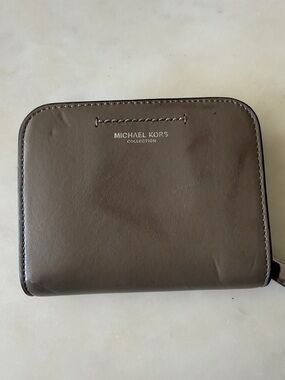 Michael Kors Collection Taupe Leather Zip Card & Key Pouch